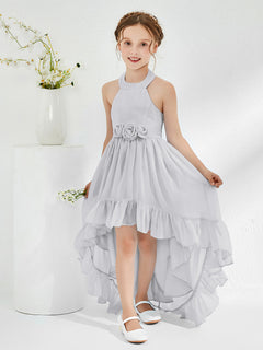 Asymmetrical A-line Junior Bridesmaid Dresses with Flower Silver