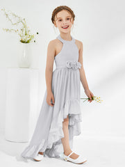 Asymmetrical A-line Junior Bridesmaid Dresses with Flower Silver