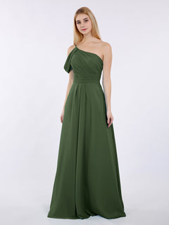 One Shoulder Chiffon Long Bridesmaid Gowns-Olive Green