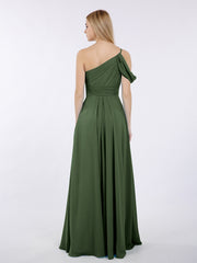 One Shoulder Chiffon Long Bridesmaid Gowns-Olive Green
