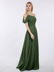 One Shoulder Chiffon Long Bridesmaid Gowns-Olive Green