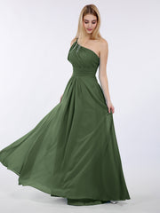 One Shoulder Chiffon Long Bridesmaid Gowns-Olive Green