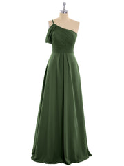 One Shoulder Chiffon Long Bridesmaid Gowns-Olive Green Plus Size