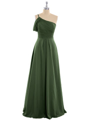 One Shoulder Chiffon Long Bridesmaid Gowns-Olive Green