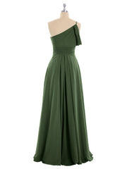 One Shoulder Chiffon Long Bridesmaid Gowns-Olive Green