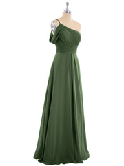 One Shoulder Chiffon Long Bridesmaid Gowns-Olive Green