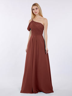 One Shoulder Chiffon Long Bridesmaid Gowns-Terracotta