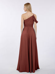 One Shoulder Chiffon Long Bridesmaid Gowns-Terracotta Plus Size