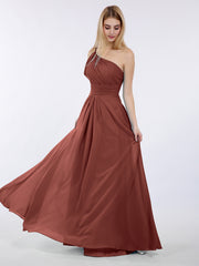 One Shoulder Chiffon Long Bridesmaid Gowns-Terracotta Plus Size