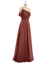 One Shoulder Chiffon Long Bridesmaid Gowns-Terracotta