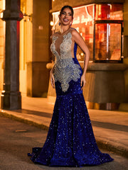 Ornate Handcrafted Rhinestone Mermaid Evening Dress Royal Blue