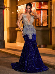 Ornate Handcrafted Rhinestone Mermaid Evening Dress Royal Blue
