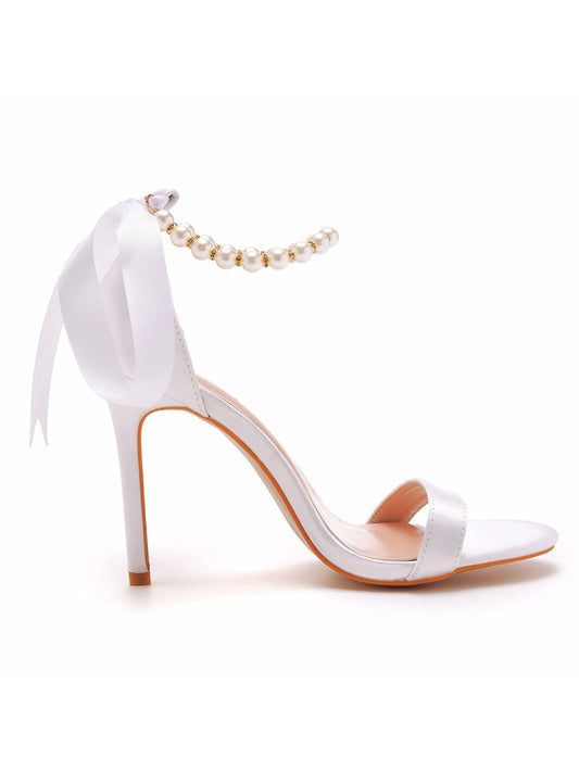 Satin Pearl Open Toe Ankle Strap High Heels