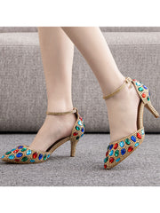 Colorful Rhinestone Pointed Toe Stiletto Ankle-strap High Heels