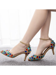 Colorful Rhinestone Pointed Toe Stiletto Ankle-strap High Heels