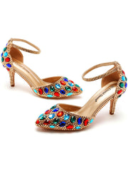 Colorful Rhinestone Pointed Toe Stiletto Ankle-strap High Heels
