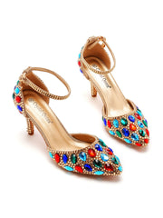 Colorful Rhinestone Pointed Toe Stiletto Ankle-strap High Heels