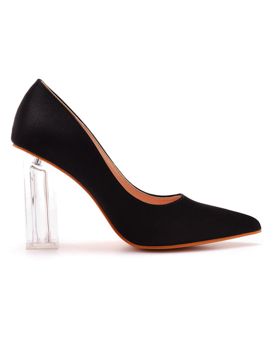 Simple Satin Slip on Pointed Toe Transparent Block Heels