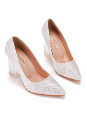 Simple Satin Slip on Pointed Toe Transparent Block Heels
