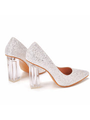 Simple Satin Slip on Pointed Toe Transparent Block Heels