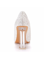 Simple Satin Slip on Pointed Toe Transparent Block Heels