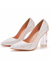 Simple Satin Slip on Pointed Toe Transparent Block Heels