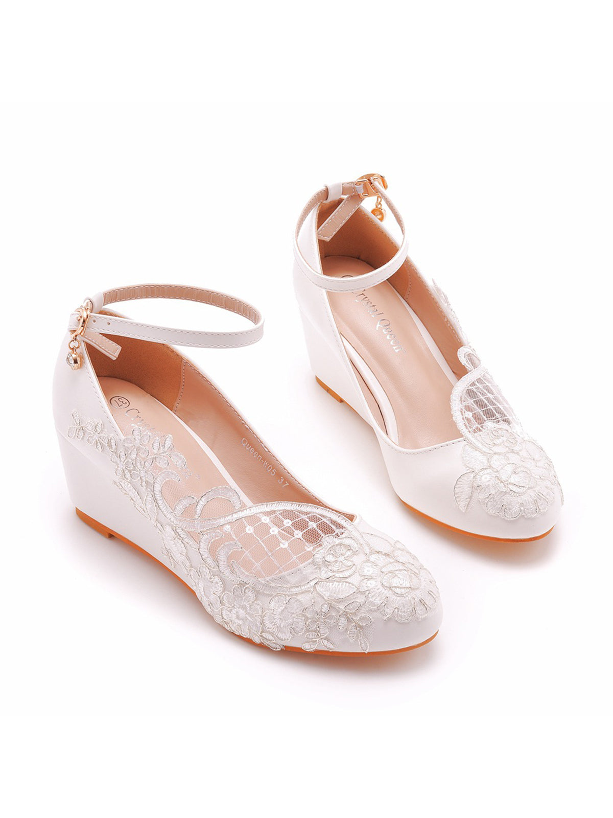 Round Toe Lace Rhinestones Ankle Strap Chunky Heel Wedding Shoes