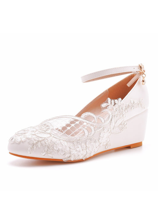 Round Toe Lace Flower Ankle Strap Wedge Heel Wedding Shoes
