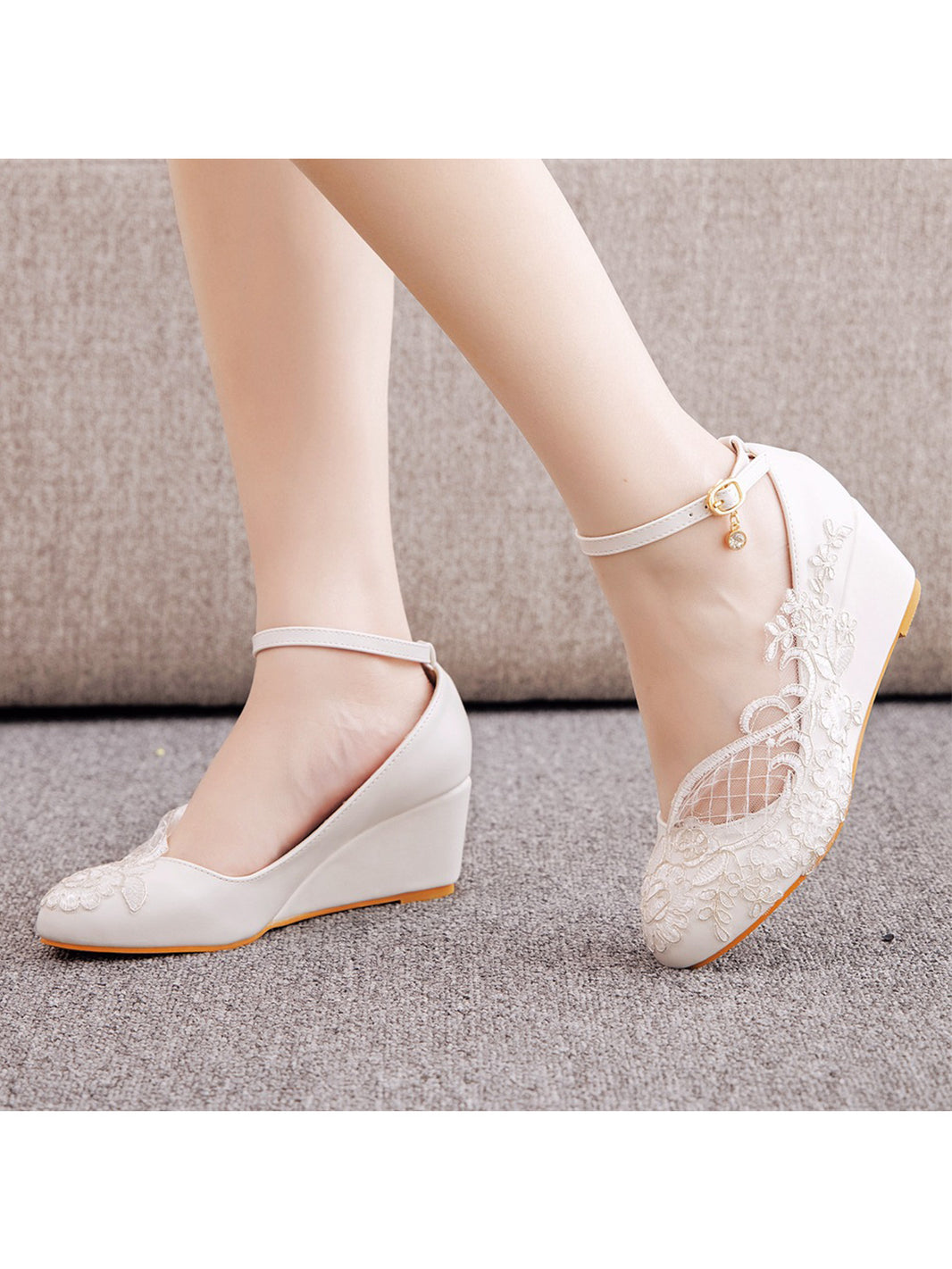 Round Toe Lace Ankle Strap Wedge Heel Wedding Shoes