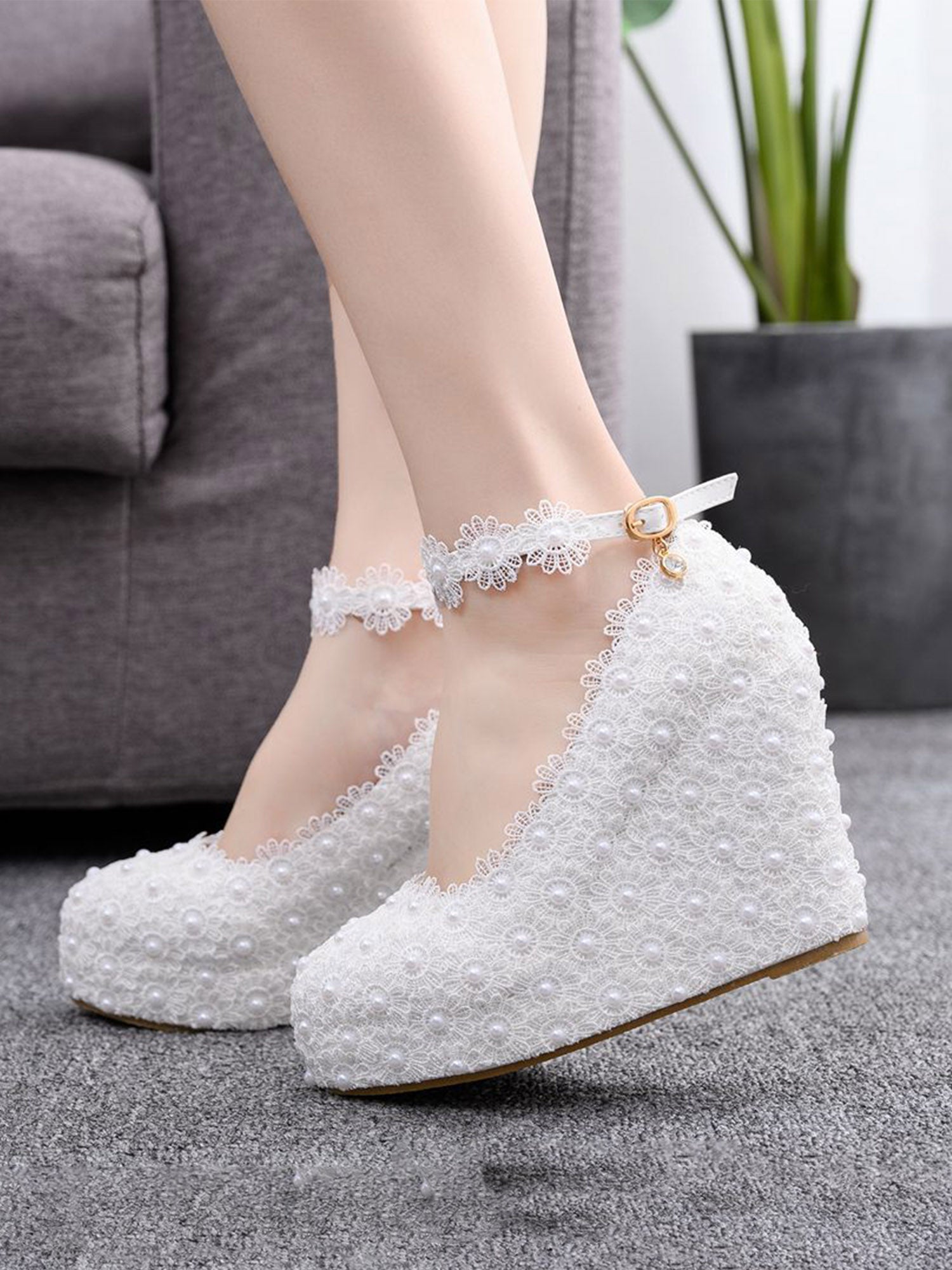 BABARONI Round Toe Lace Flower Ankle Strap Wedge Heel Wedding Shoes, image size:1500x2000