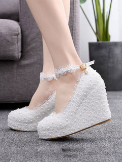 Round Toe Lace Flower Ankle Strap Wedge Heel Wedding Shoes