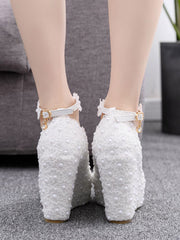 Round Toe Lace Flower Ankle Strap Wedge Heel Wedding Shoes