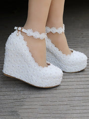 Round Toe Lace Flower Ankle Strap Wedge Heel Wedding Shoes