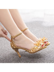 Crystal Rhinestone Decor Peep Toe Stiletto Ankle Strap High Heels