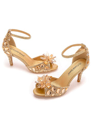Crystal Rhinestone Decor Peep Toe Stiletto Ankle Strap High Heels