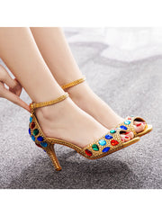 Colorful Rhinestone Decor Gold Peep Toe Stiletto Ankle-strap High Heels Sandals
