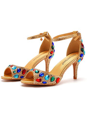 Colorful Rhinestone Decor Gold Peep Toe Stiletto Ankle-strap High Heels Sandals