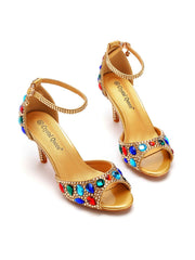 Colorful Rhinestone Decor Gold Peep Toe Stiletto Ankle-strap High Heels Sandals