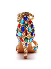 Colorful Rhinestone Decor Gold Peep Toe Stiletto Ankle-strap High Heels Sandals