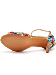 Colorful Rhinestone Decor Gold Peep Toe Stiletto Ankle-strap High Heels Sandals