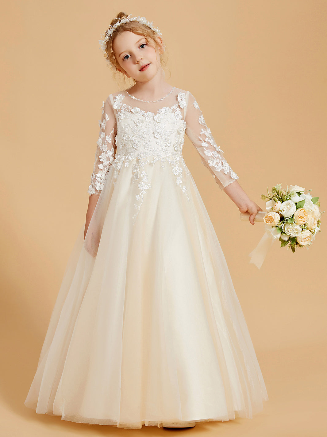 BABARONI Flower Girl Dress - Elegant Long Sleeve Floral Applique Tulle Gown BABARONI Flower Girl Dress - Elegant Long Sleeve Floral Applique Tulle Gown