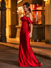 Off-the-shoulder Lace Appliqued Ruched Long Dress Burgundy