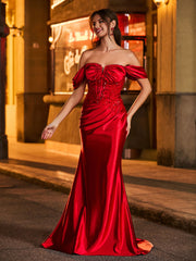 Off-the-shoulder Lace Appliqued Ruched Long Dress Burgundy