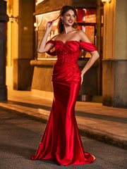 Off-the-shoulder Lace Appliqued Ruched Long Dress Burgundy