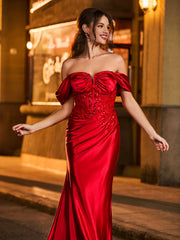 Off-the-shoulder Lace Appliqued Ruched Long Dress Burgundy