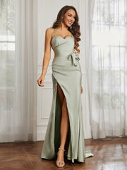 Sweetheart Neckline Spaghetti Straps Dress WIth Belt Dusty Sage