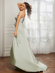 Sweetheart Neckline Spaghetti Straps Dress WIth Belt Dusty Sage