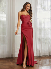 Sweetheart Neckline Spaghetti Straps Dress WIth Belt Burgundy