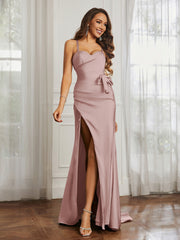 Sweetheart Neckline Spaghetti Straps Dress WIth Belt Dusty Rose