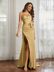 Sweetheart Neckline Spaghetti Straps Dress WIth Belt Gold